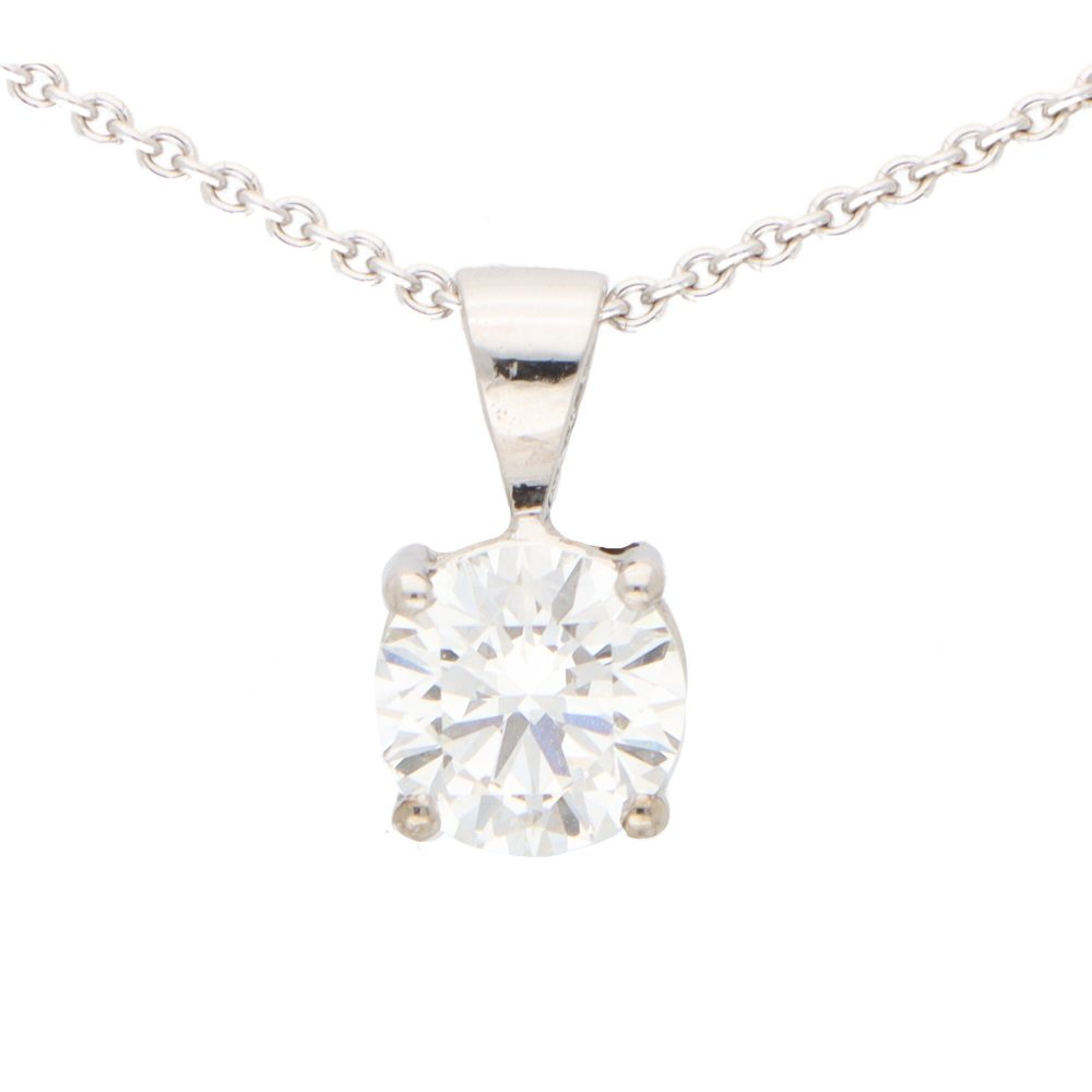 GIA Certified 0.90ct Brilliant Cut Diamond Solitaire Pendant; single stone 0.90 carat round brilliant-cut diamond four-claw set in 18ct white gold with GIA certificate, G colour, SI1 clarity