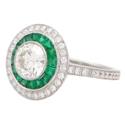 Art Deco Style Emerald and Diamond Target Halo Ring