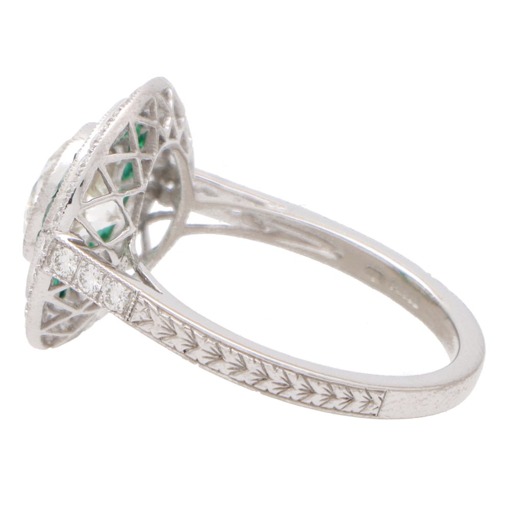 Art Deco Style Emerald and Diamond Target Halo Ring