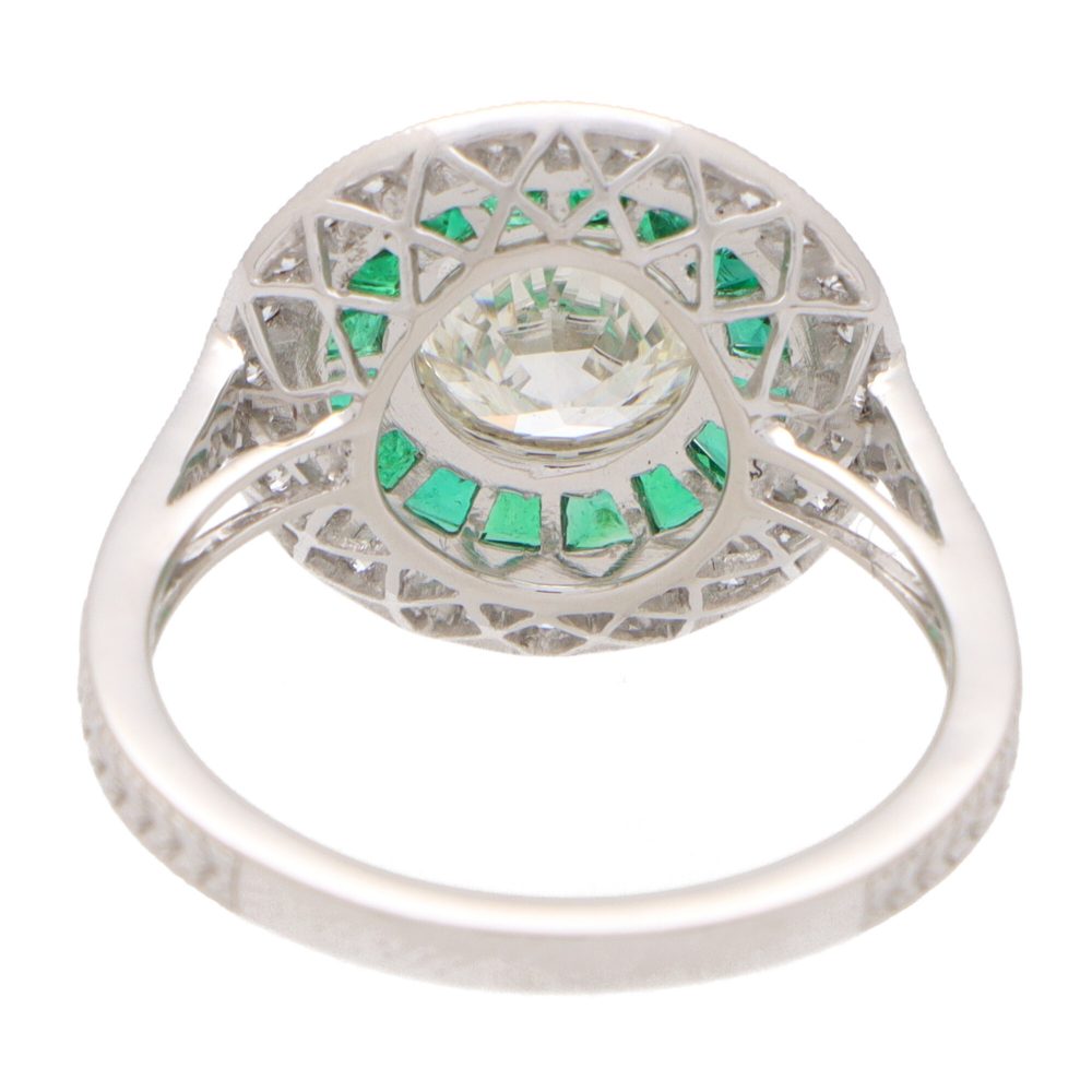 Art Deco Style Emerald and Diamond Target Halo Ring
