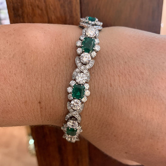 Vintage 1950s Colombian Emerald and Diamond Bracelet in White Gold