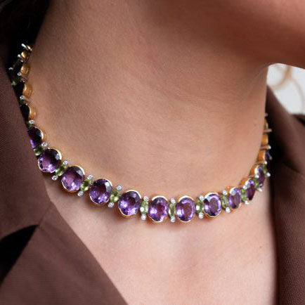 Vintage Amethyst Riviere Collar Necklace with Peridot and Diamond