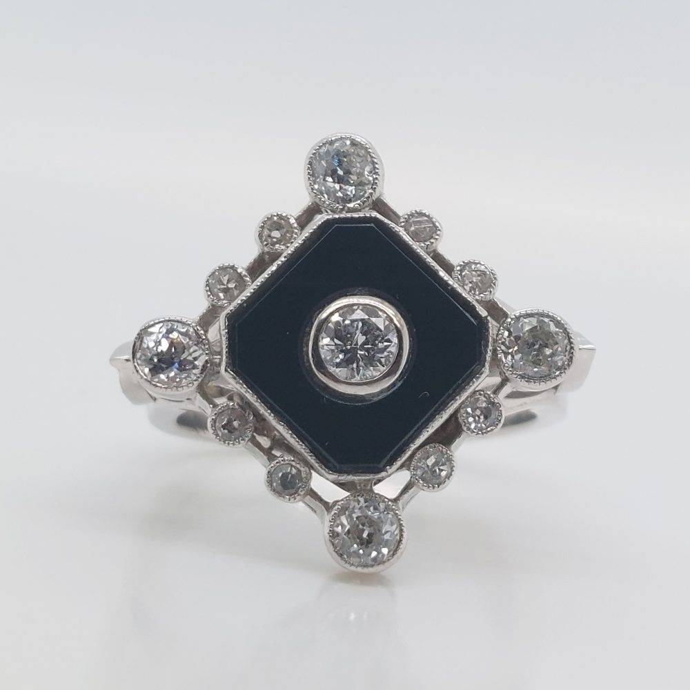 Late Art Deco Onyx and Diamond Cluster Ring