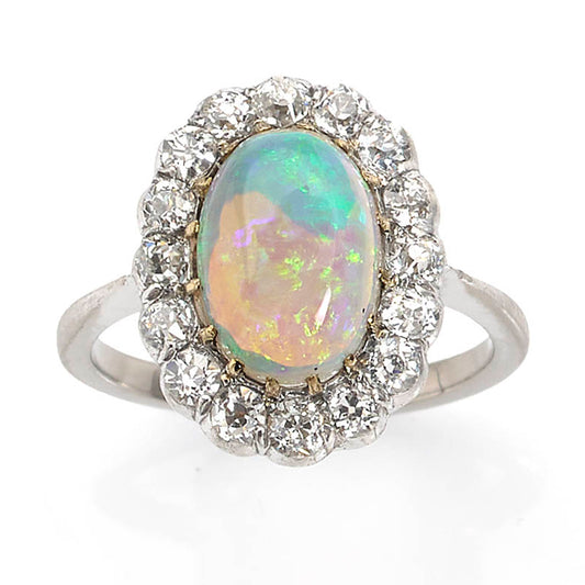 Antique 1.40ct Opal and Diamond Cluster Ring