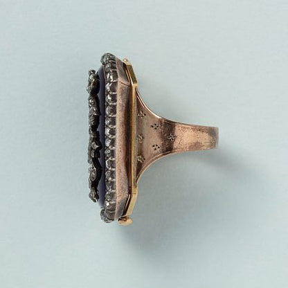 Antique 18th Century Diamond Set Blue Glass Panel Plaque Ring