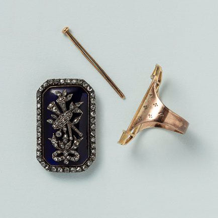 Antique 18th Century Diamond Set Blue Glass Panel Plaque Ring