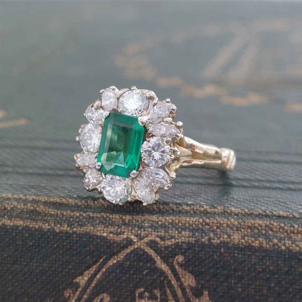 Antique 1ct Emerald and Diamond Cluster Ring
