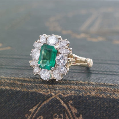 Antique 1ct Emerald and Diamond Cluster Ring
