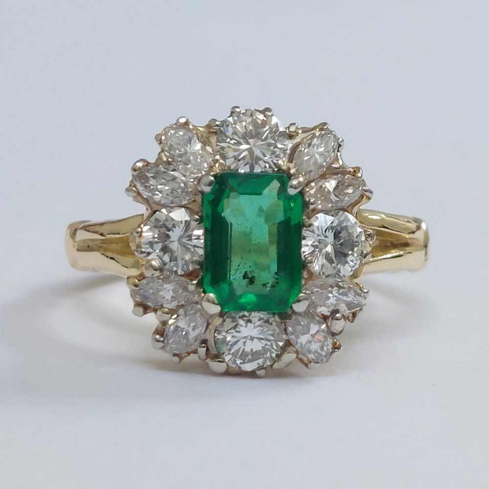 Antique 1ct Emerald and Diamond Cluster Ring
