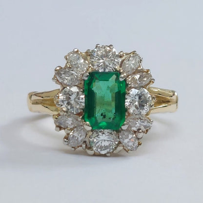 Antique 1ct Emerald and Diamond Cluster Ring