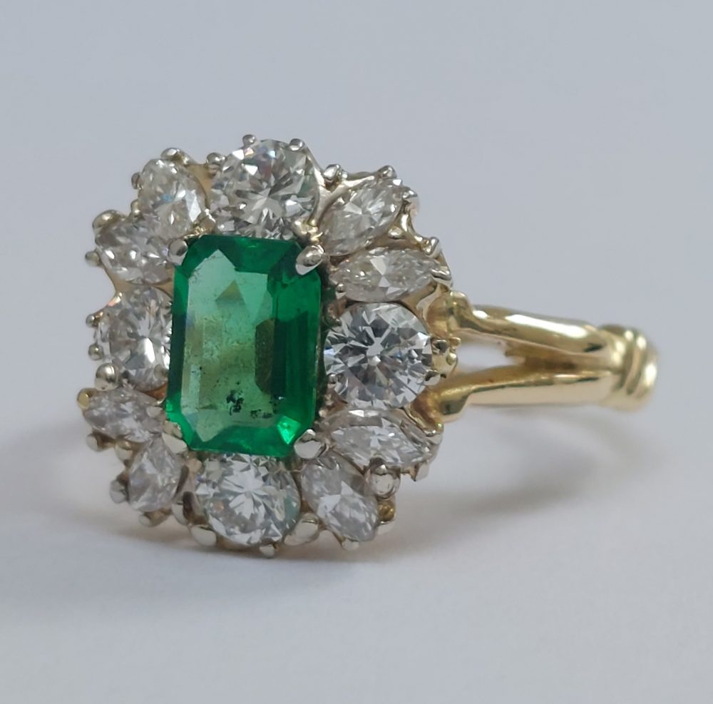 Antique 1ct Emerald and Diamond Cluster Ring