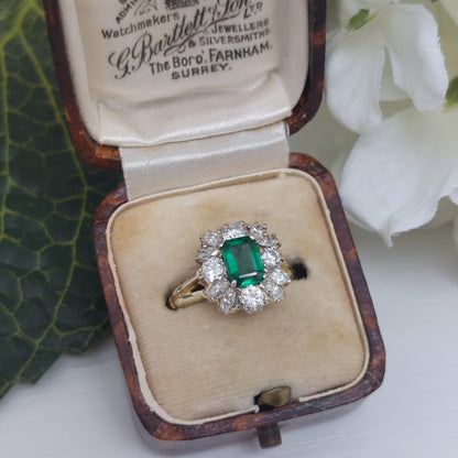 Antique 1ct Emerald and Diamond Cluster Ring