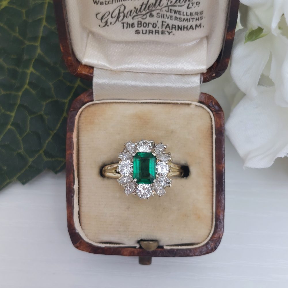 Antique 1ct Emerald and Diamond Cluster Ring