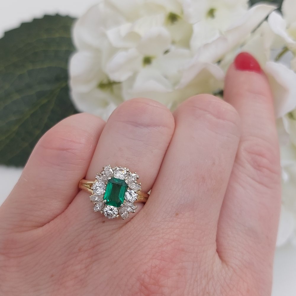 Antique 1ct Emerald and Diamond Cluster Ring