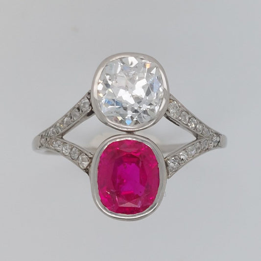 Antique 2.50ct Burma Ruby and Old Cut Diamond Two Stone Ring