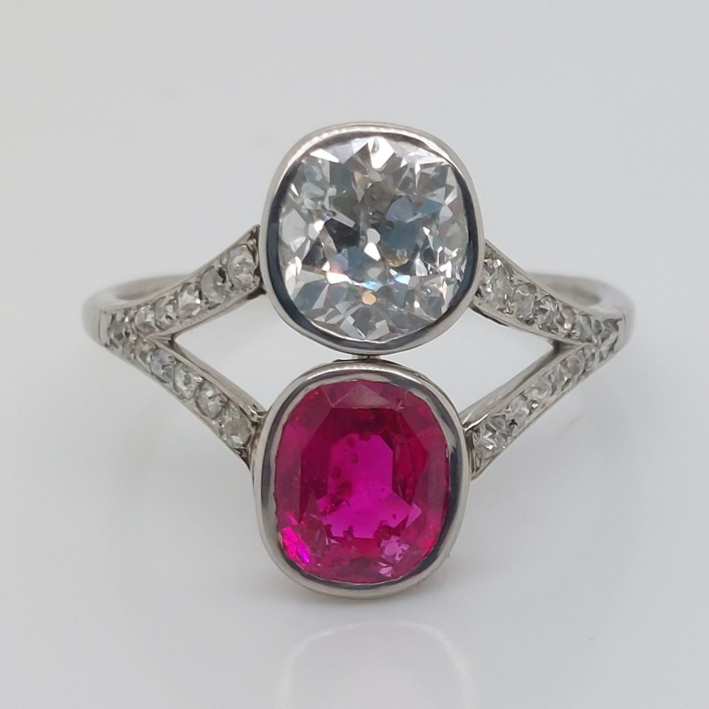 Antique 2.50ct Burma Ruby and Old Cut Diamond Two Stone Ring