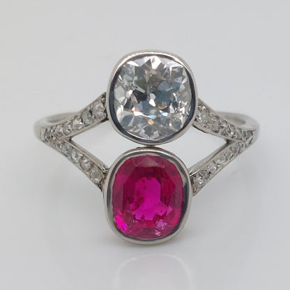 Antique 2.50ct Burma Ruby and Old Cut Diamond Two Stone Ring