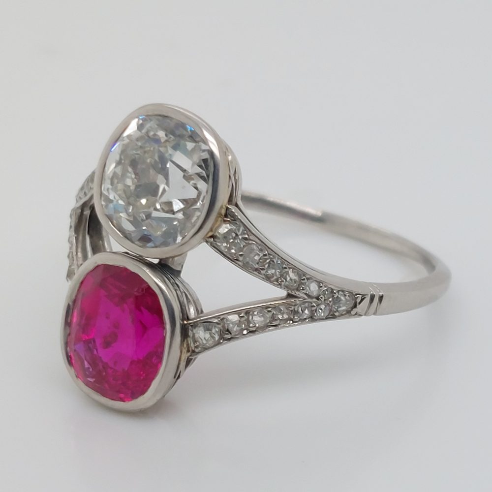 Antique 2.50ct Burma Ruby and Old Cut Diamond Two Stone Ring