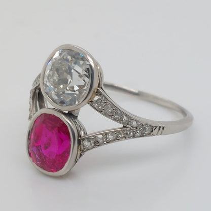 Antique 2.50ct Burma Ruby and Old Cut Diamond Two Stone Ring