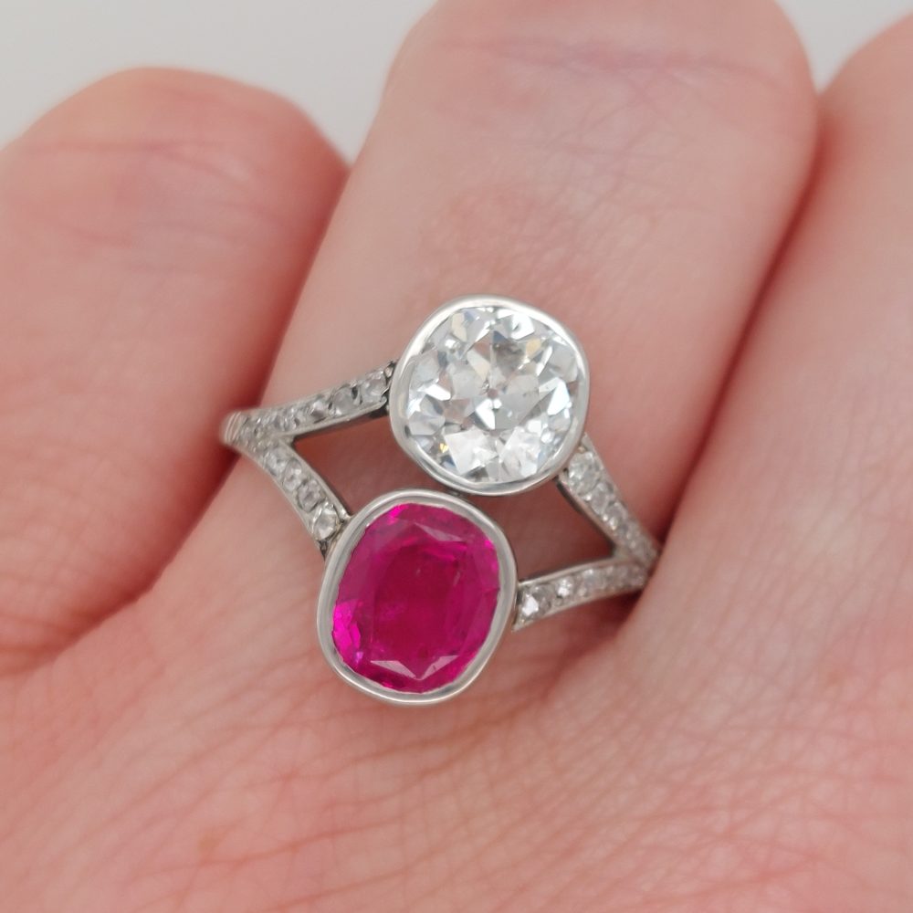 Antique 2.50ct Burma Ruby and Old Cut Diamond Two Stone Ring