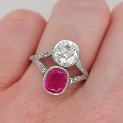 Antique 2.50ct Burma Ruby and Old Cut Diamond Two Stone Ring
