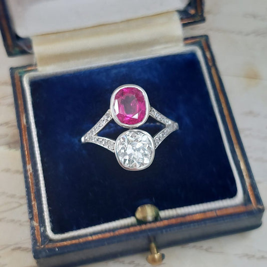 Antique 2.50ct Burma Ruby and Old Cut Diamond Two Stone Ring