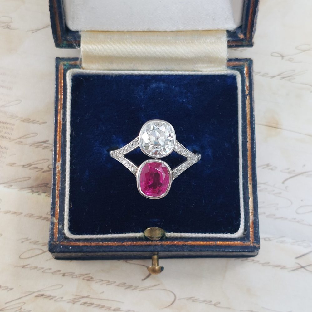 Antique 2.50ct Burma Ruby and Old Cut Diamond Two Stone Ring
