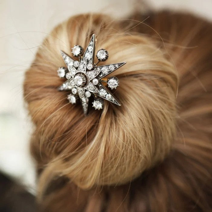 Antique 3.75ct Old Cut Diamond Six Point Star Brooch and Hair Pin