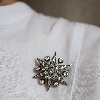 Antique 3.75ct Old Cut Diamond Six Point Star Brooch and Hair Pin