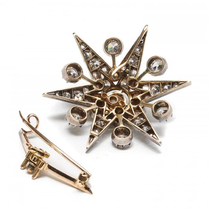 Antique 3.75ct Old Cut Diamond Six Point Star Brooch and Hair Pin