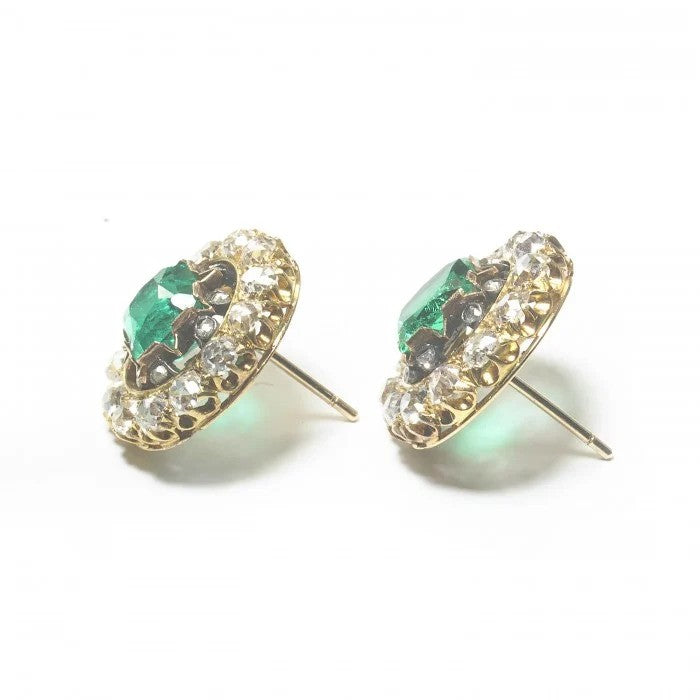 Antique 3ct Colombian Emerald and Diamond Cluster Stud Earrings