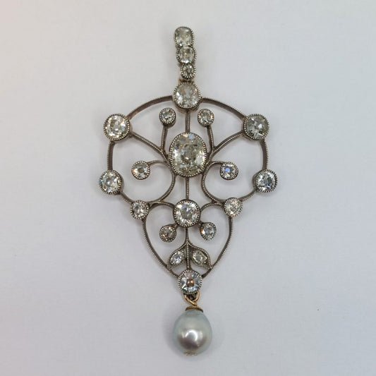 Antique 3cts Old Cut Diamond and Pearl Drop Pendant