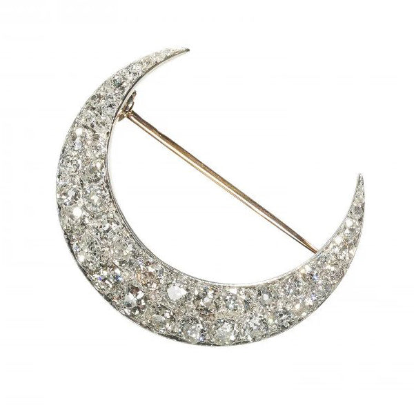 Antique French 5ct Diamond Crescent Moon Brooch