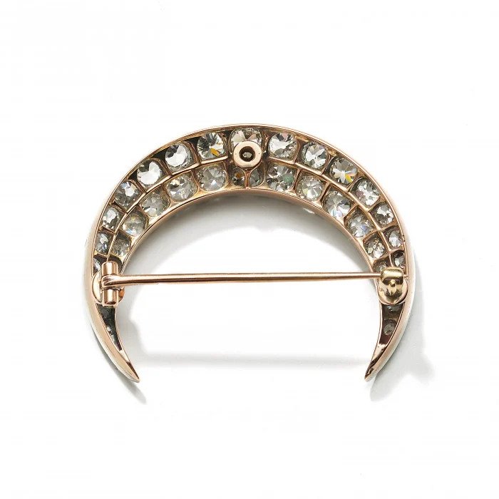 Antique French 5ct Diamond Crescent Moon Brooch in Silver upon 18ct Yellow Gold