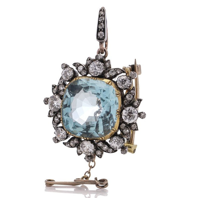 Antique 7ct Aquamarine and Diamond Cluster Pendant come Brooch