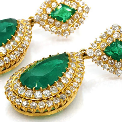 Antique 7.41ct Pear Cut Certified Colombian Emerald and Diamond Double Cluster Drop Earrings in 18ct yellow gold, Circa 1910