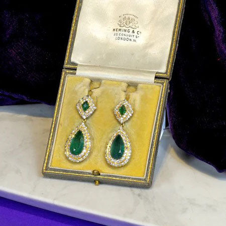 Antique 7.41ct Pear Cut Certified Colombian Emerald and Diamond Double Cluster Drop Earrings in 18ct yellow gold, Circa 1910
