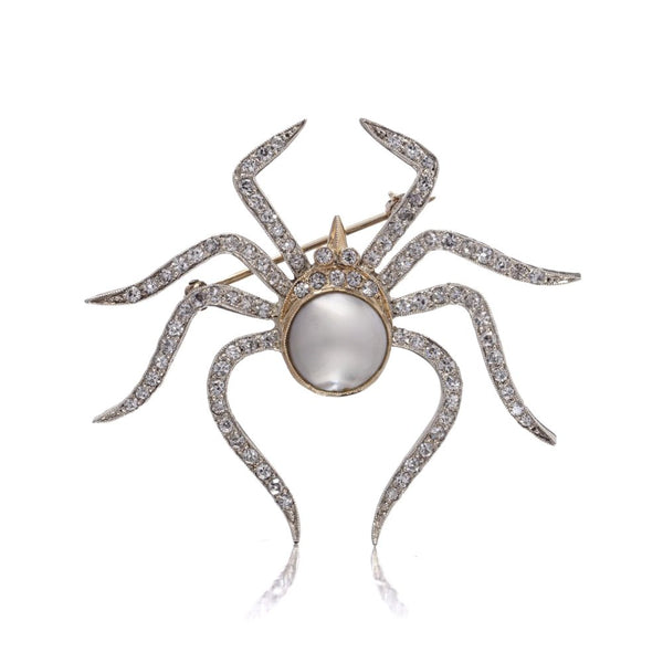 Diamond and Natural Pearl Spider Brooch in 9ct Gold and Silver