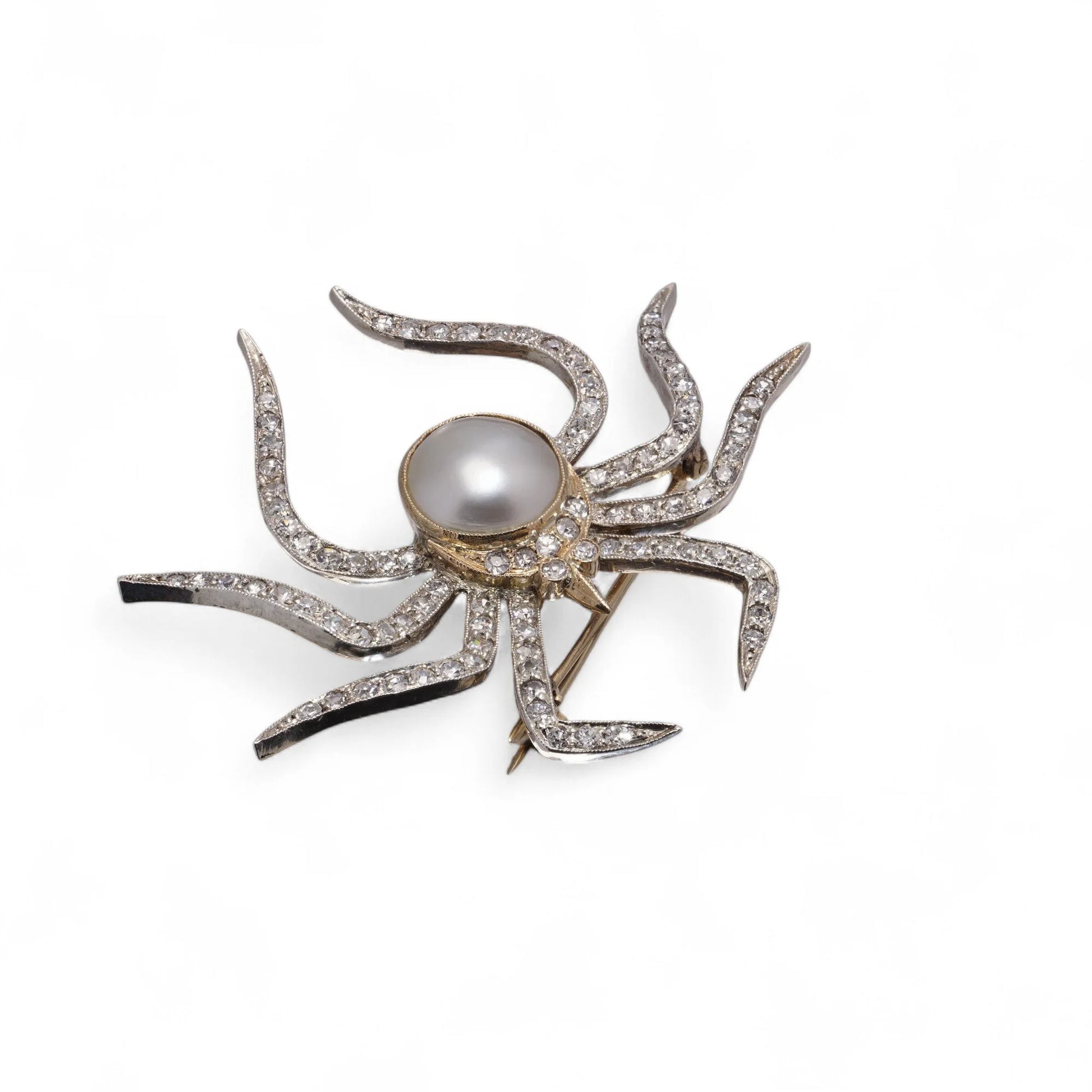 A spider brooch set with a pearl and diamonds, in gold and silver, on a white background