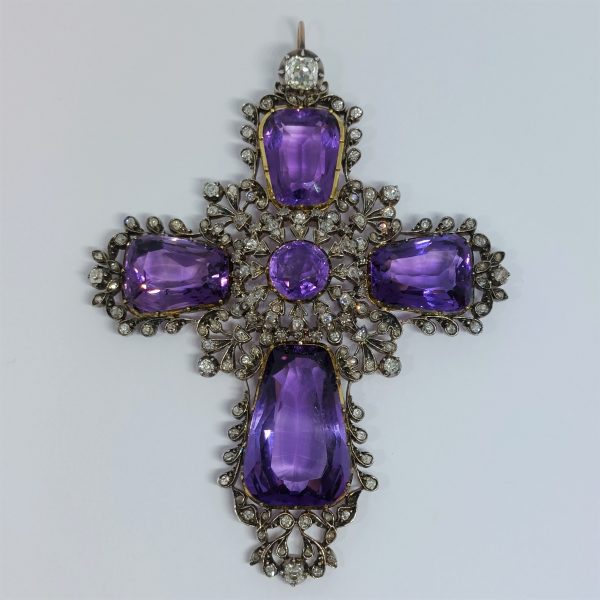 Antique Amethyst and Old Cut Diamond Cross Pendant and Chain