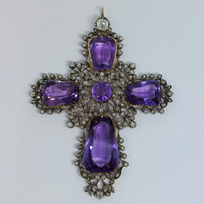 Antique Amethyst and Old Cut Diamond Cross Pendant and Chain