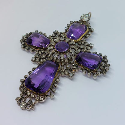 Antique Amethyst and Old Cut Diamond Cross Pendant and Chain