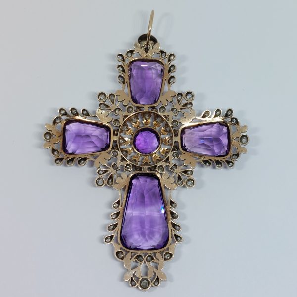 Antique Amethyst and Old Cut Diamond Cross Pendant and Chain