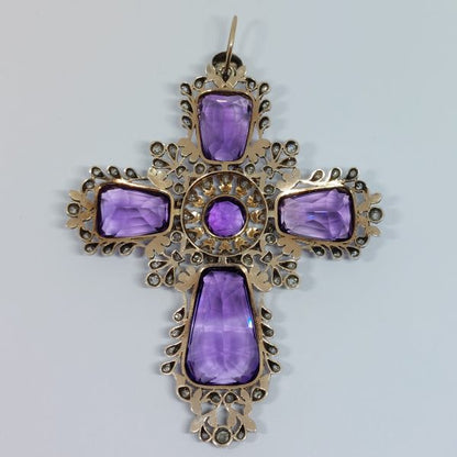 Antique Amethyst and Old Cut Diamond Cross Pendant and Chain