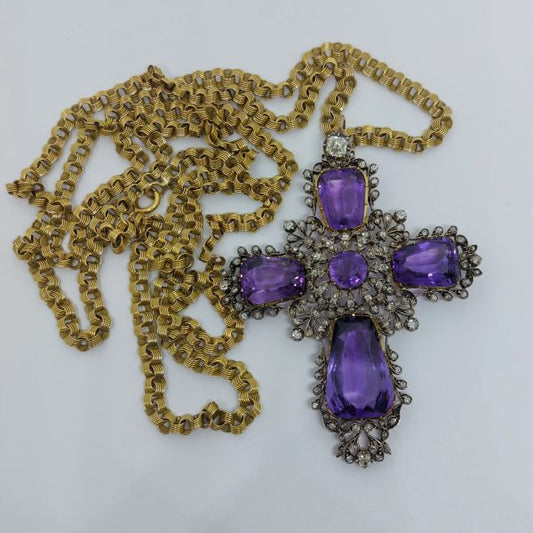 Antique Amethyst and Old Cut Diamond Cross Pendant and Chain