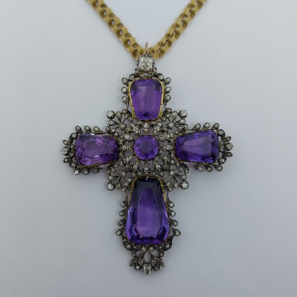 Antique Amethyst and Old Cut Diamond Cross Pendant and Chain