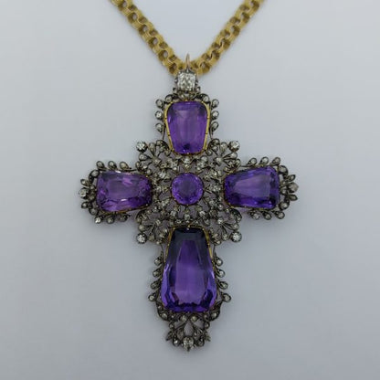 Antique Amethyst and Old Cut Diamond Cross Pendant and Chain
