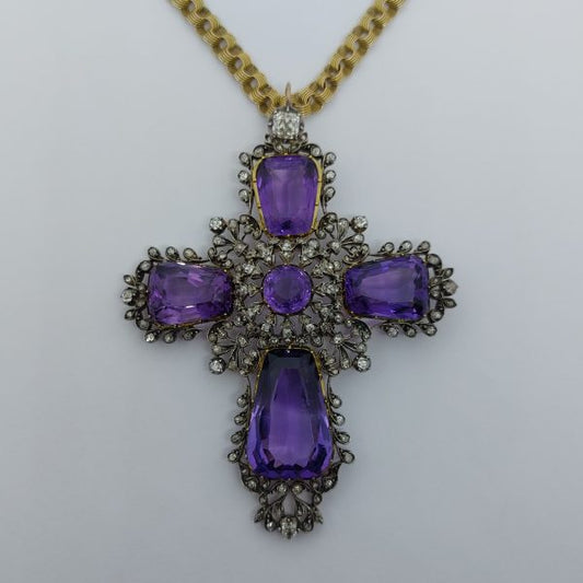 Antique Amethyst and Old Cut Diamond Cross Pendant and Chain