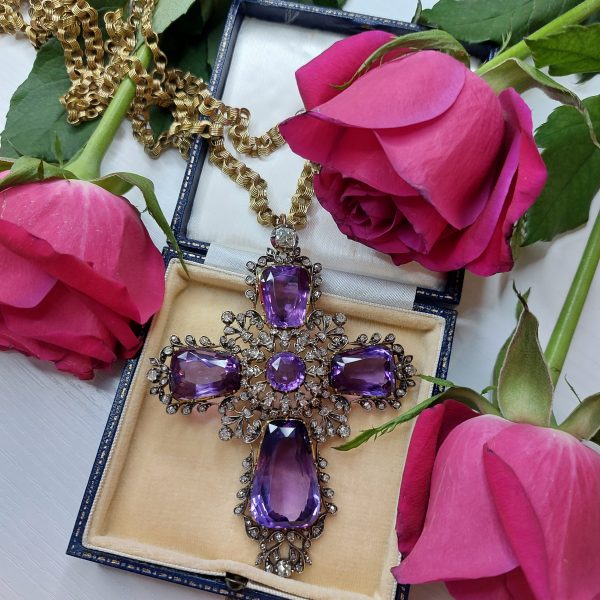Antique Amethyst and Old Cut Diamond Cross Pendant and Chain