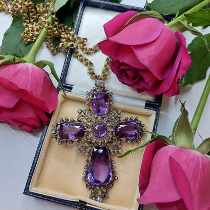 Antique Amethyst and Old Cut Diamond Cross Pendant and Chain